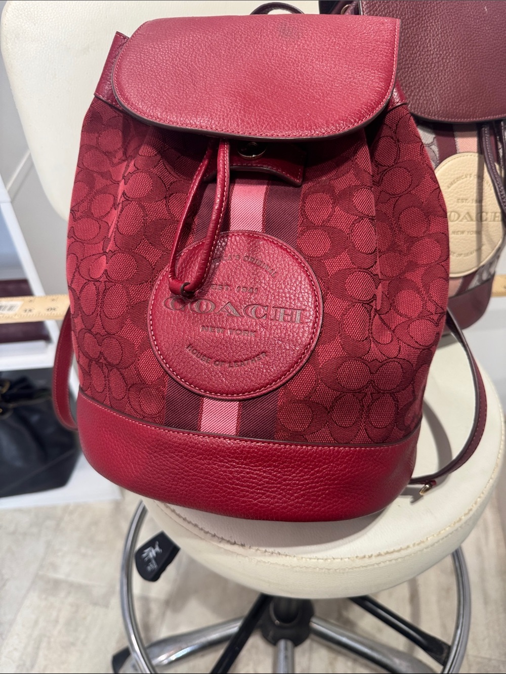 COACH Red Signature Canvas Drawstring Backpack with Stripe Detail
